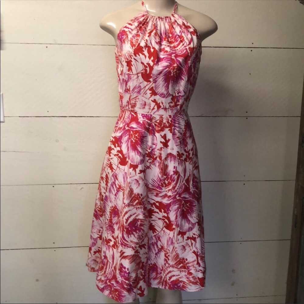 Ann Taylor Red Pink Floral Halter Dress
